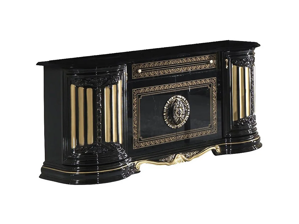 Buffet 4 portes 1 tiroir bois vernis laqué brillant noir et doré Lesly 168cm