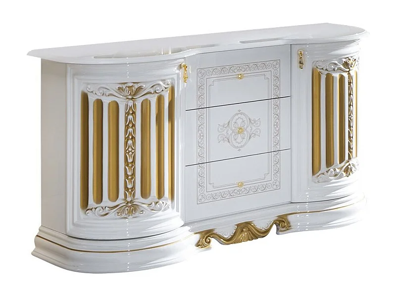 Buffet 2 portes 3 tiroirs bois vernis vernis laqué brillant brillant blanc et doré Lesly 134cm