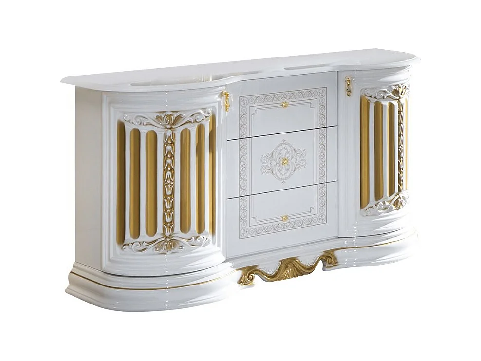 Buffet 2 portes 3 tiroirs bois vernis vernis laqué brillant brillant blanc et doré Lesly 134cm