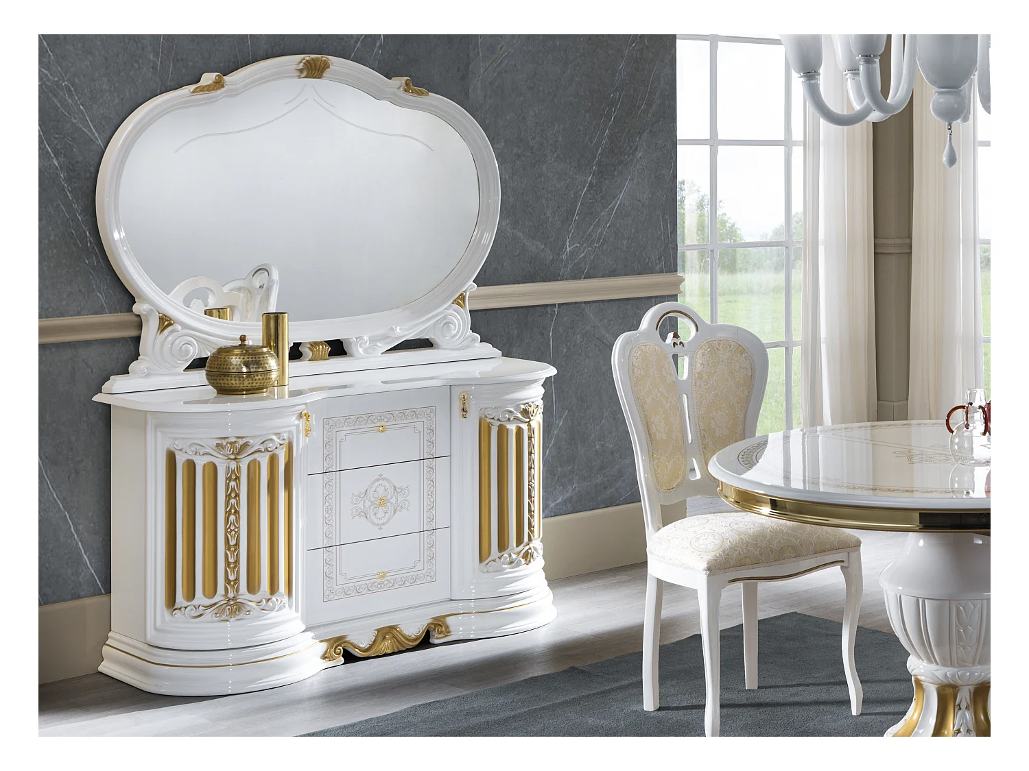 Buffet 2 portes 3 tiroirs bois vernis vernis laqué brillant brillant blanc et doré Lesly 134cm