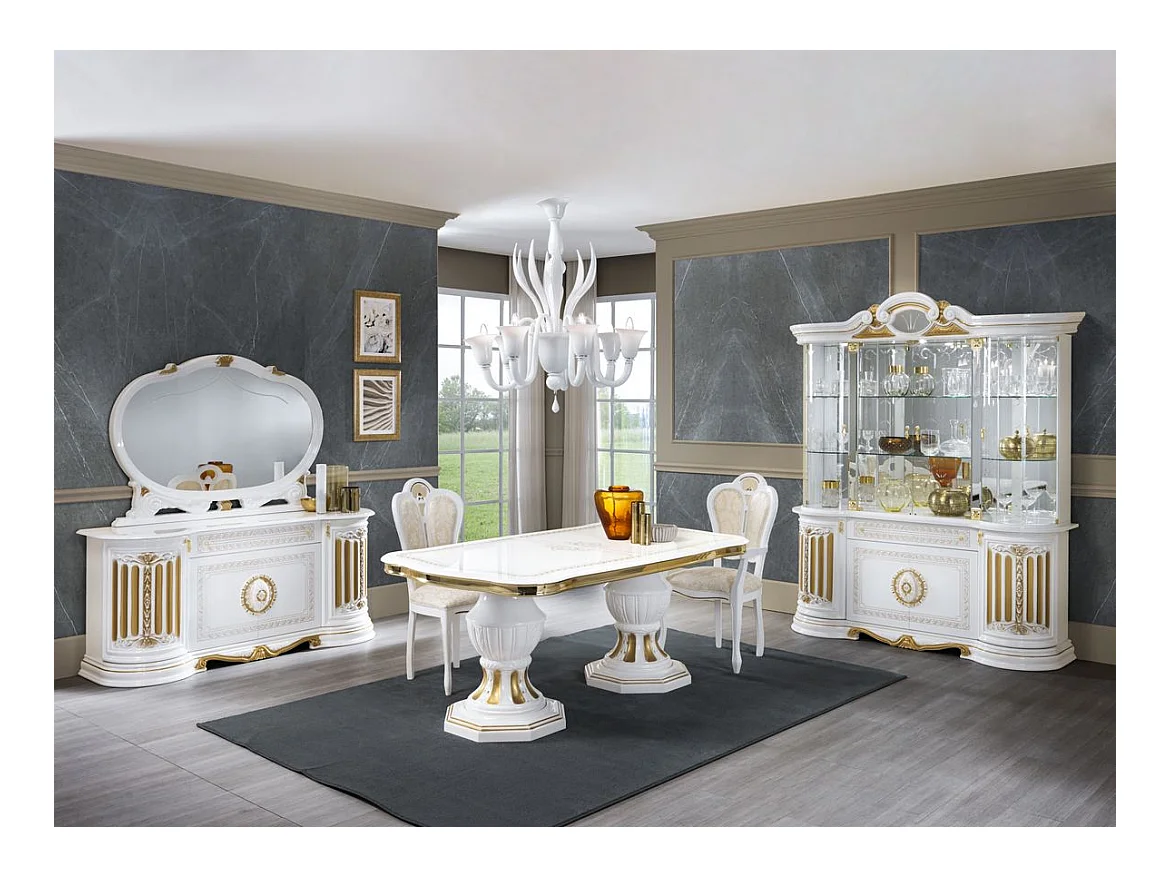 Buffet 2 portes 3 tiroirs bois vernis vernis laqué brillant brillant blanc et doré Lesly 134cm