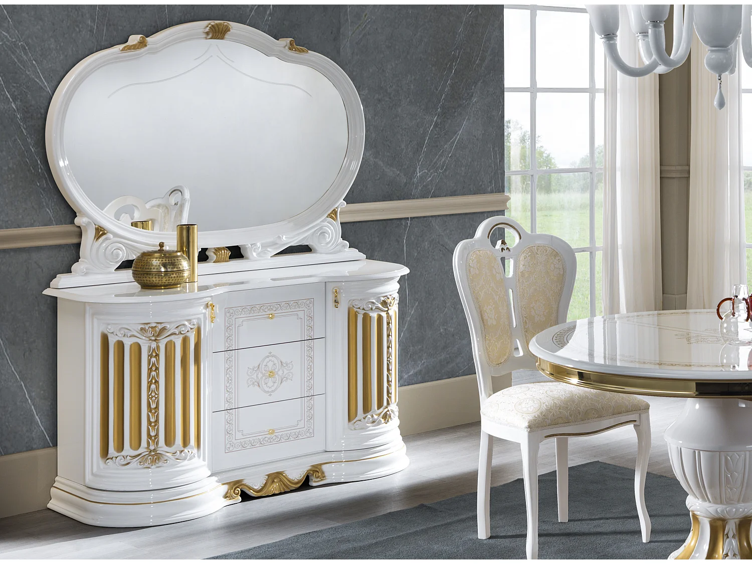 Aparador Lesly 134 cm 2 puertas 3 cajones en madera barnizada, lacado brillo, blanco y dorado