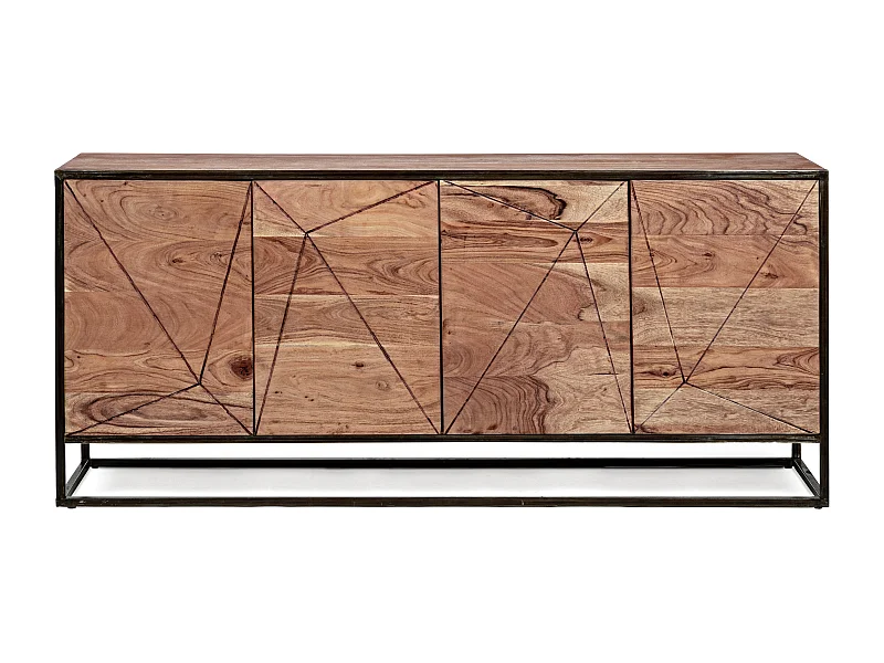 Buffet 4 portes en bois clair d'acacia vernis mat et acier noir Makune 175cm