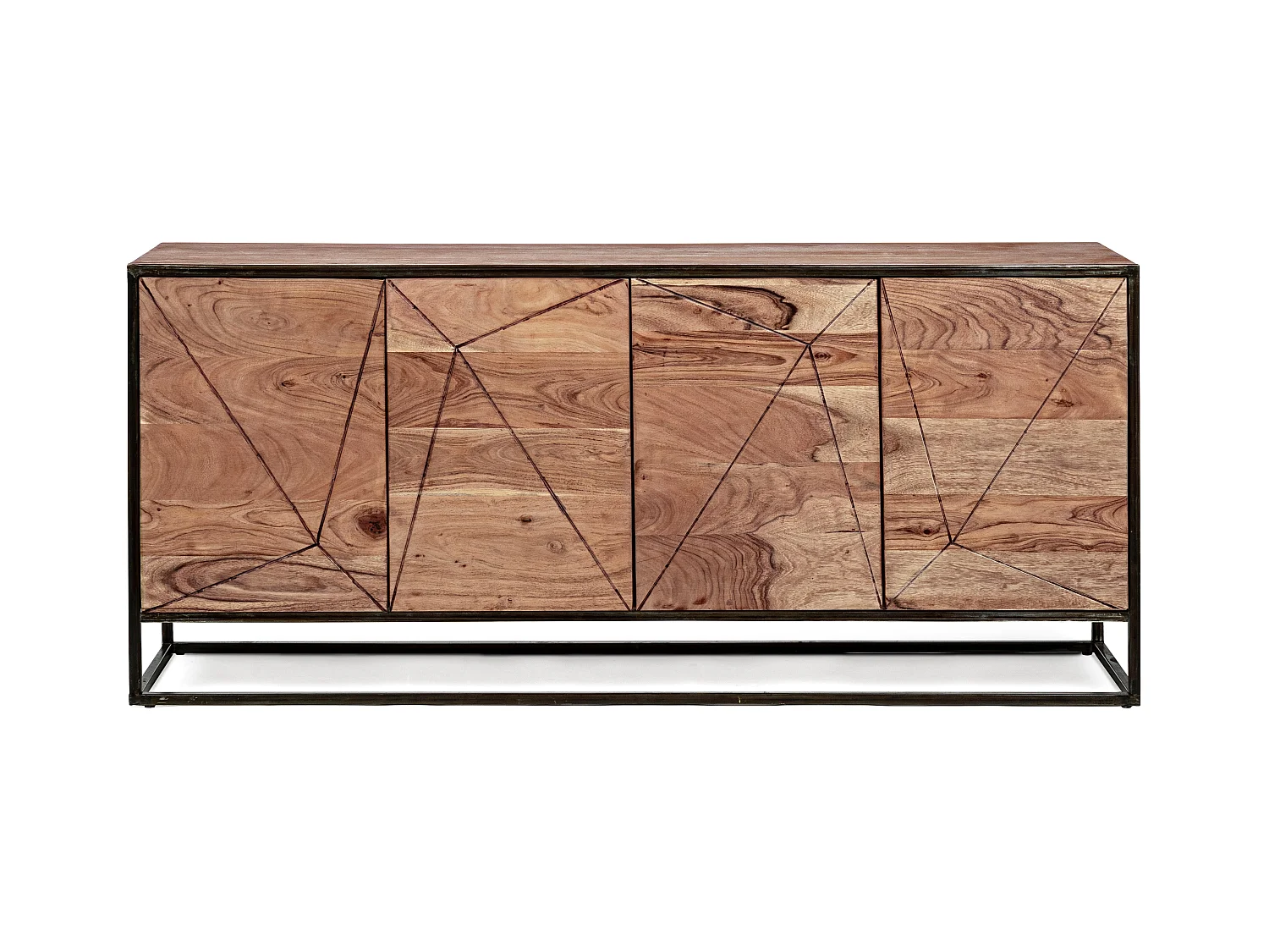 Buffet 4 portes en bois clair d'acacia vernis mat et acier noir Makune 175cm