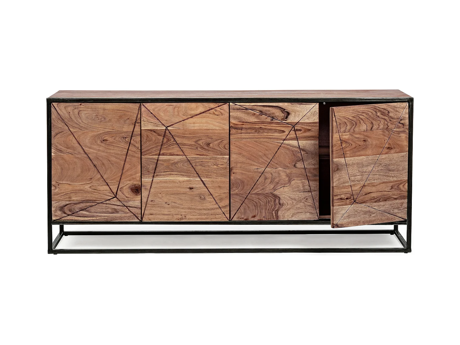 Buffet 4 portes en bois clair d'acacia vernis mat et acier noir Makune 175cm