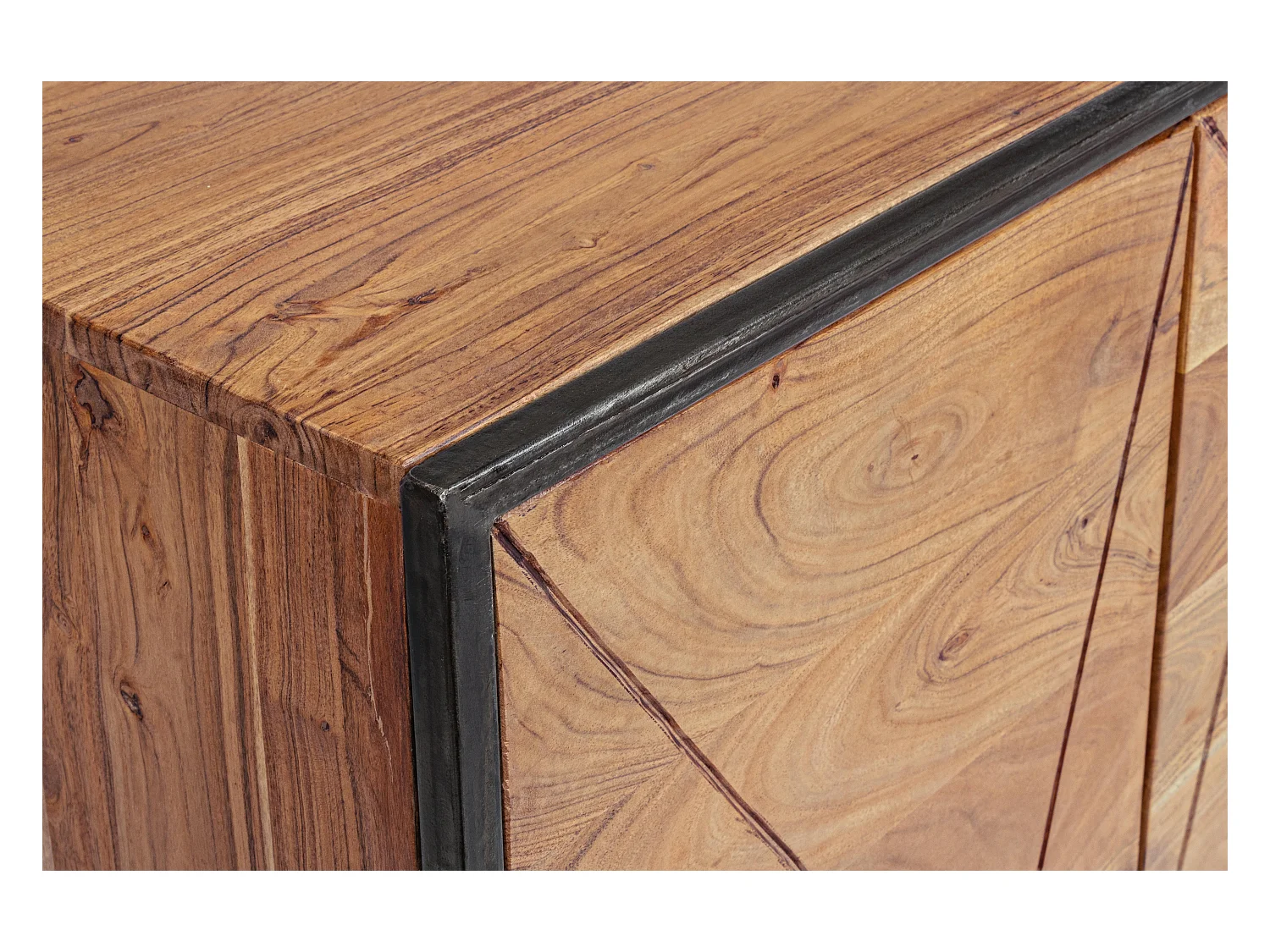 Buffet 4 portes en bois clair d'acacia vernis mat et acier noir Makune 175cm