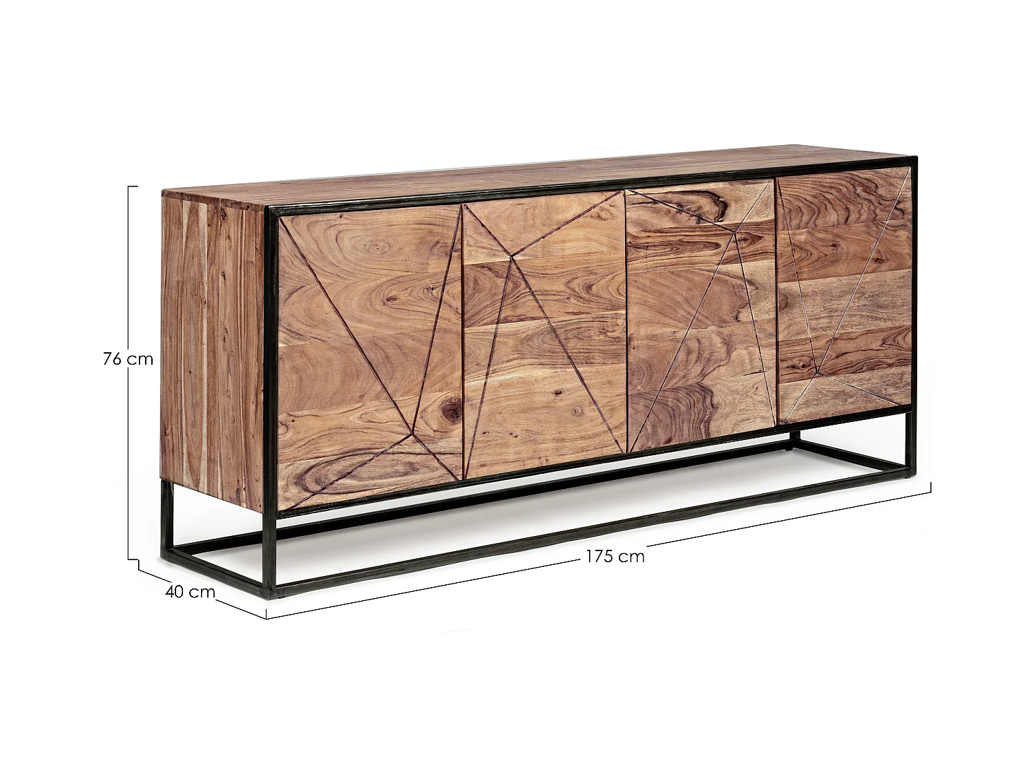 Buffet 4 portes en bois clair d'acacia vernis mat et acier noir Makune 175cm