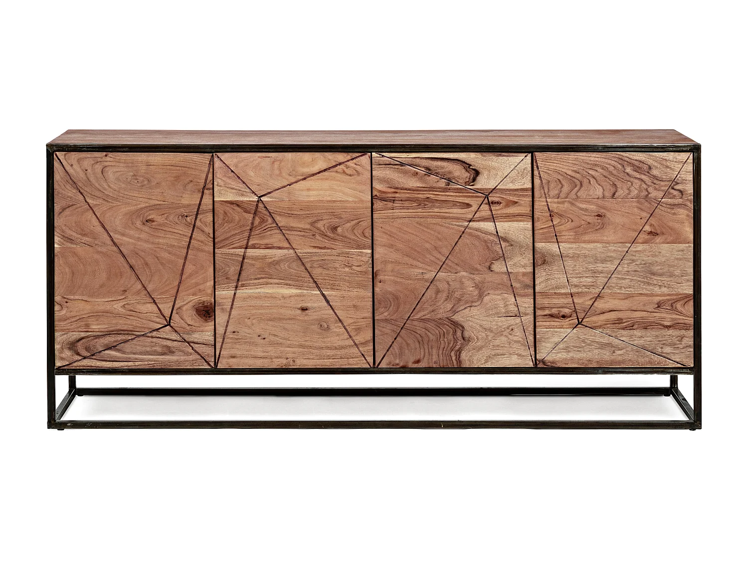 Buffet 4 portes en bois clair d'acacia vernis mat et acier noir Makune 175cm