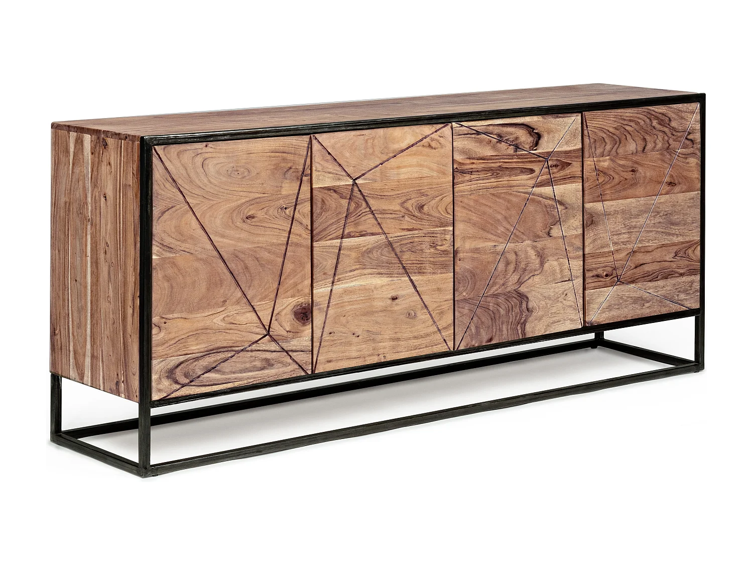 Buffet 4 portes en bois clair d'acacia vernis mat et acier noir Makune 175cm