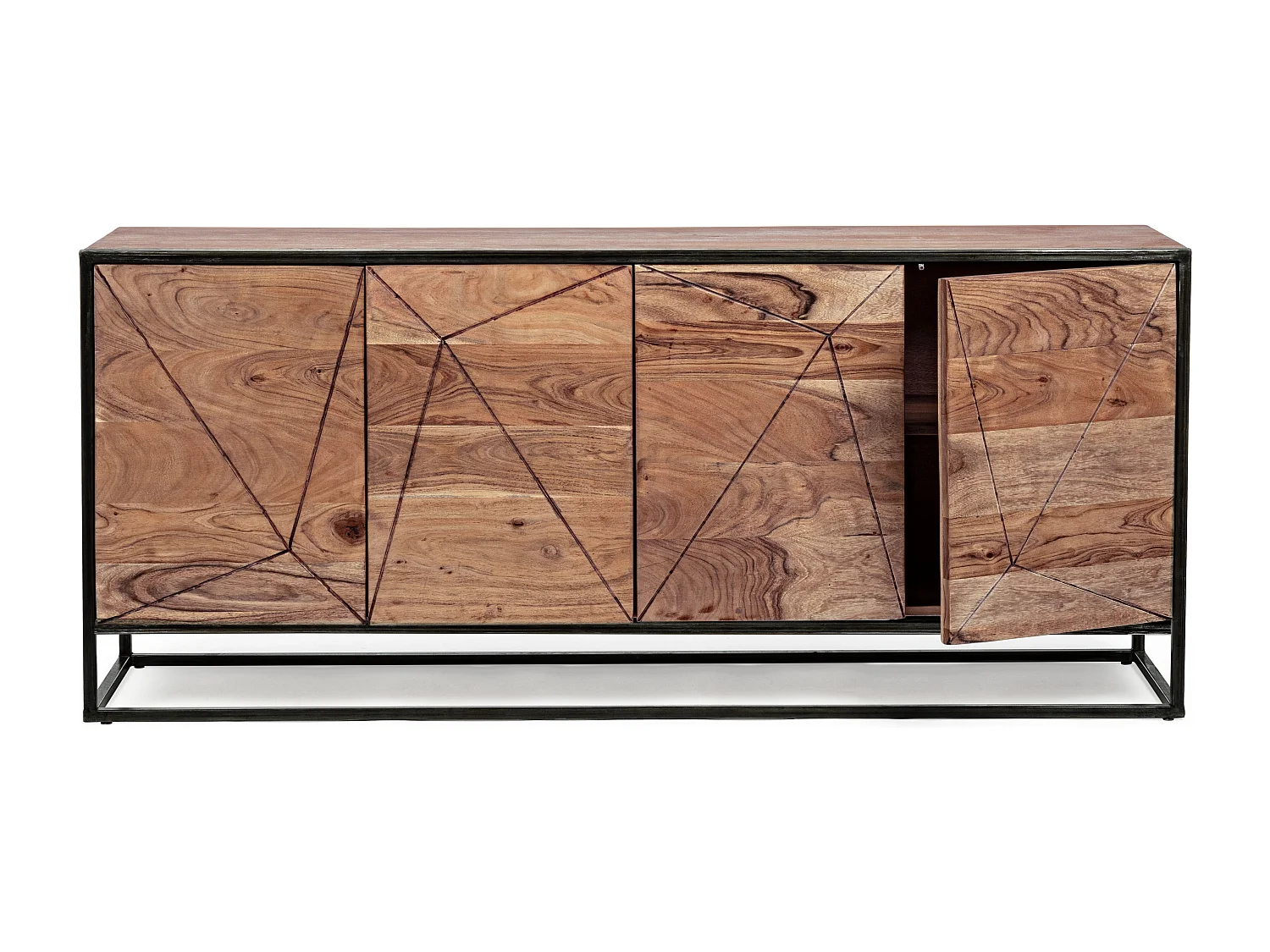 Buffet 4 portes en bois clair d'acacia vernis mat et acier noir Makune 175cm