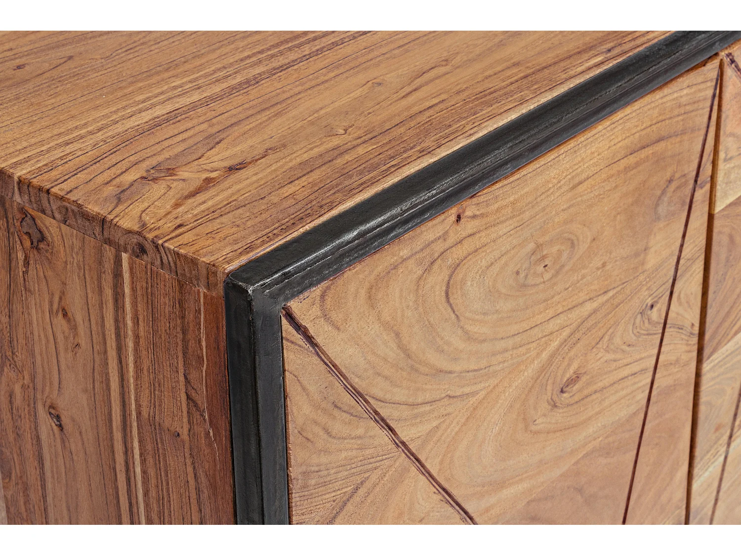 Buffet 4 portes en bois clair d'acacia vernis mat et acier noir Makune 175cm