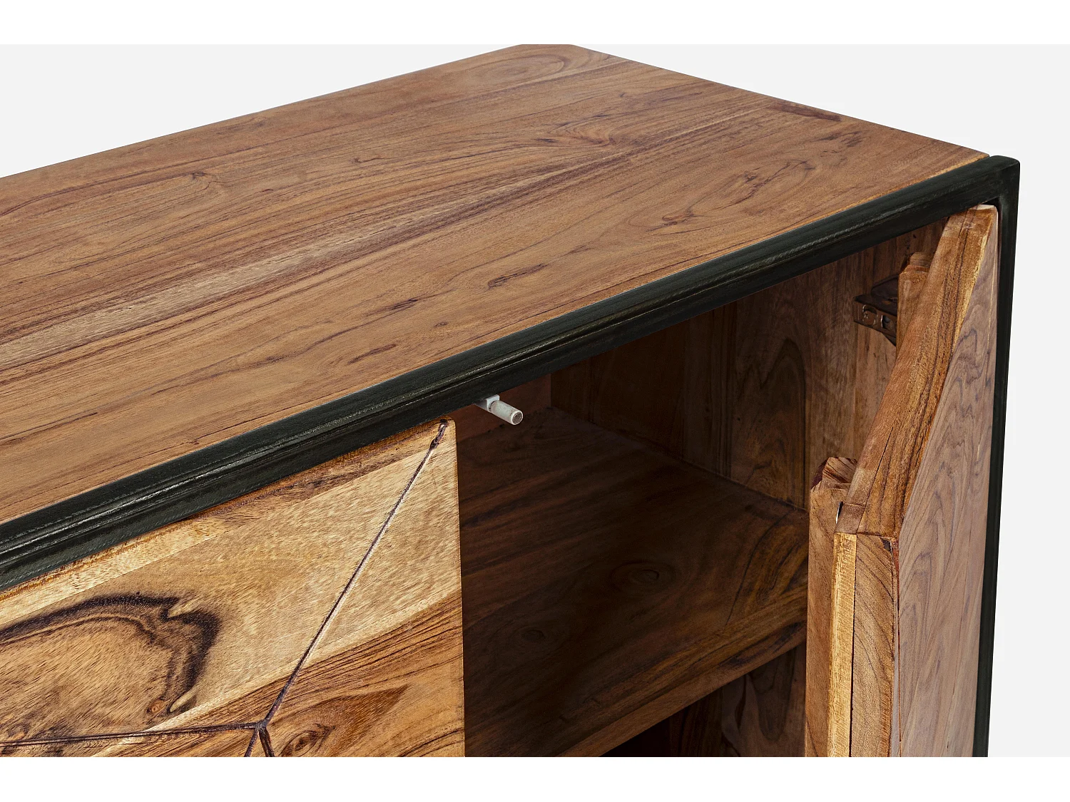 Buffet 4 portes en bois clair d'acacia vernis mat et acier noir Makune 175cm