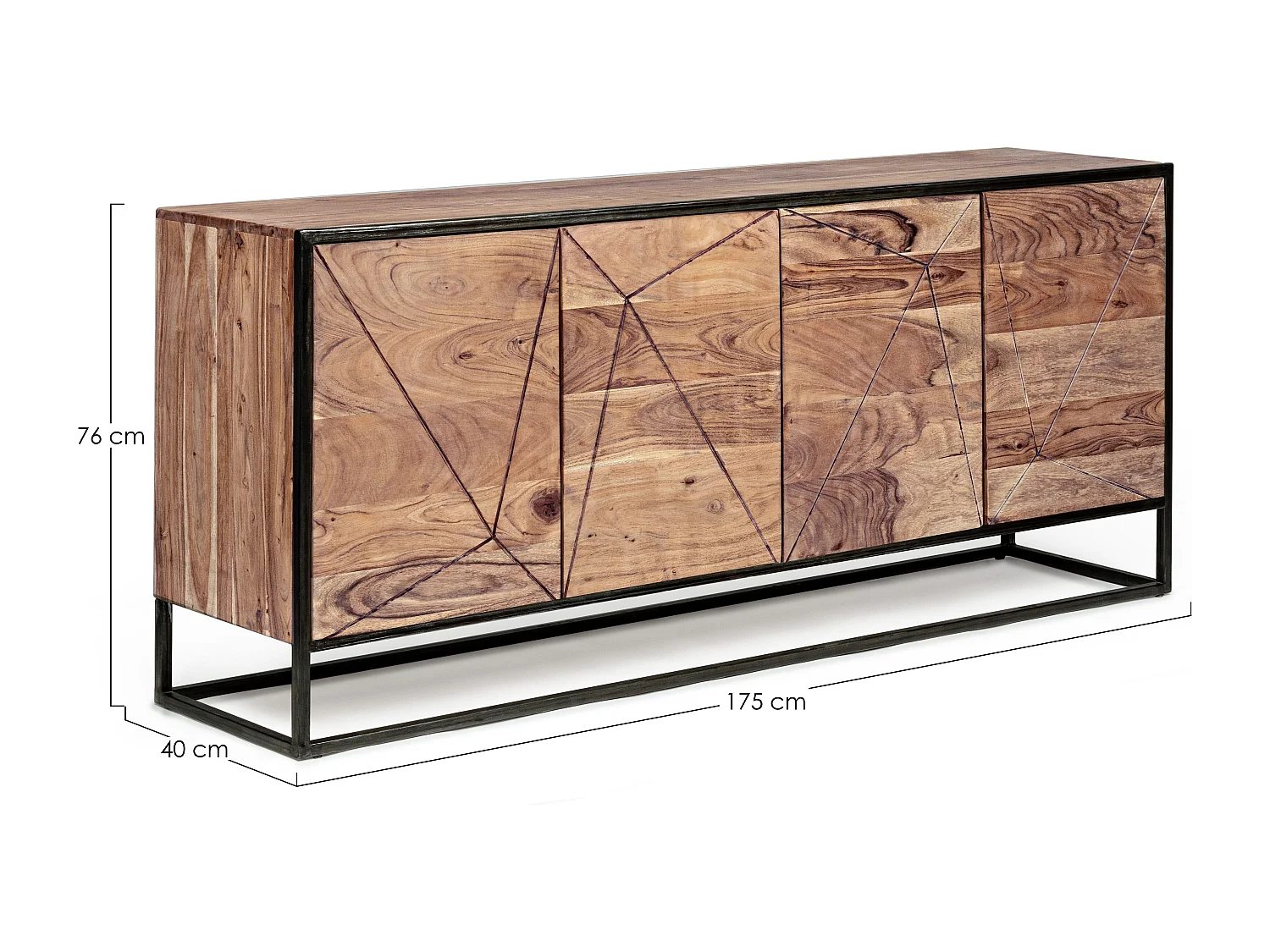 Buffet 4 portes en bois clair d'acacia vernis mat et acier noir Makune 175cm