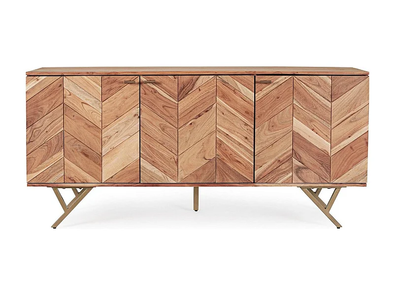 Buffet 3 portes bois d'acacia et pieds acier doré mat Dinka 160cm