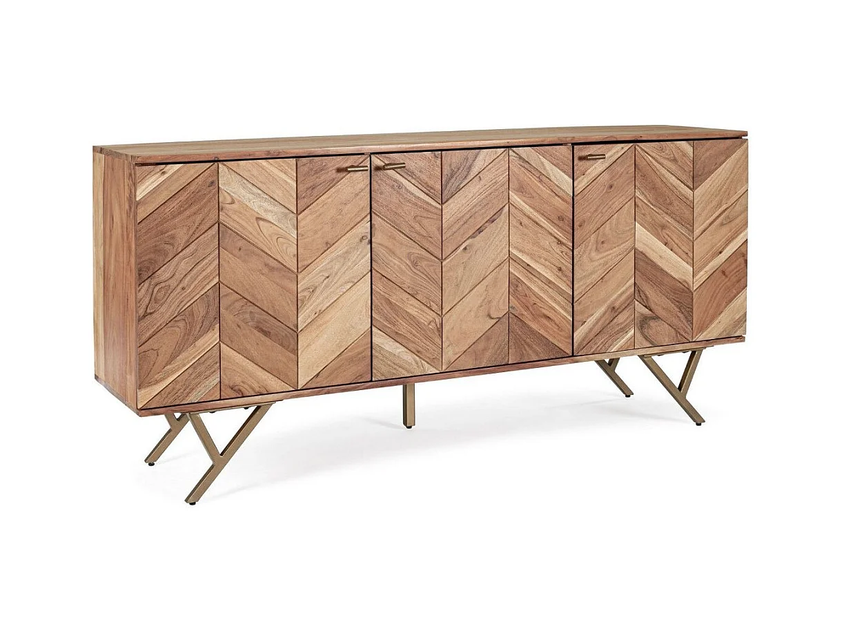 Buffet 3 portes bois d'acacia et pieds acier doré mat Dinka 160cm