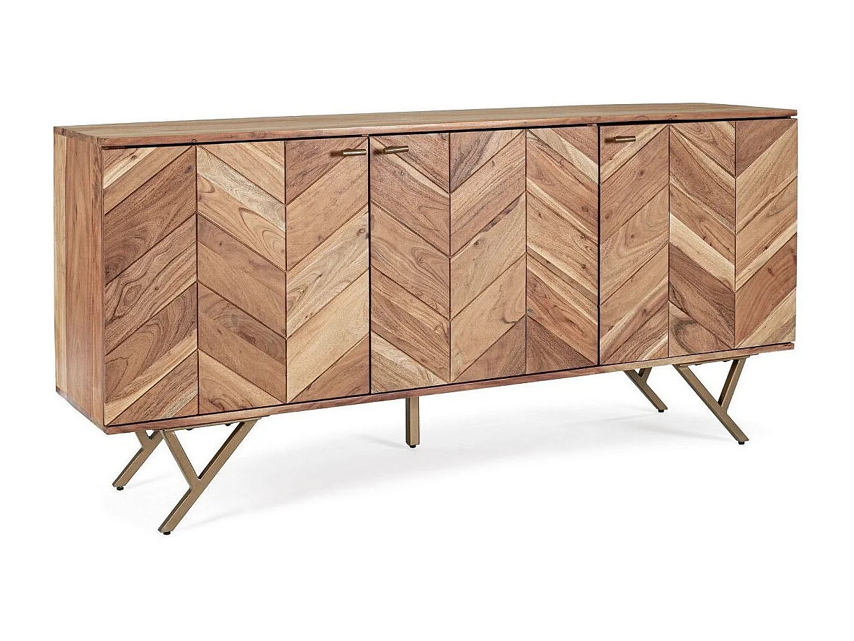 Buffet 3 portes bois d'acacia et pieds acier doré mat Dinka 160cm