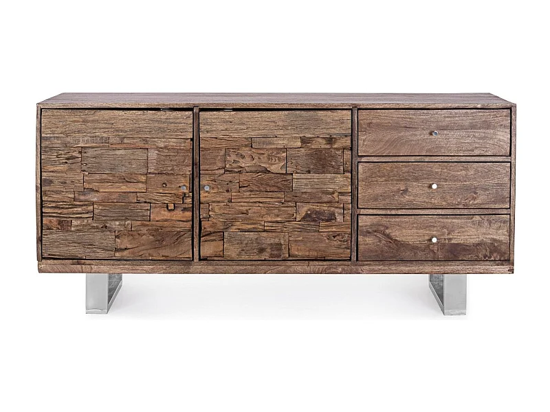 Buffet 2 portes 3 tiroirs en bois massif recyclé sur pieds acier chromé Stany 160cm