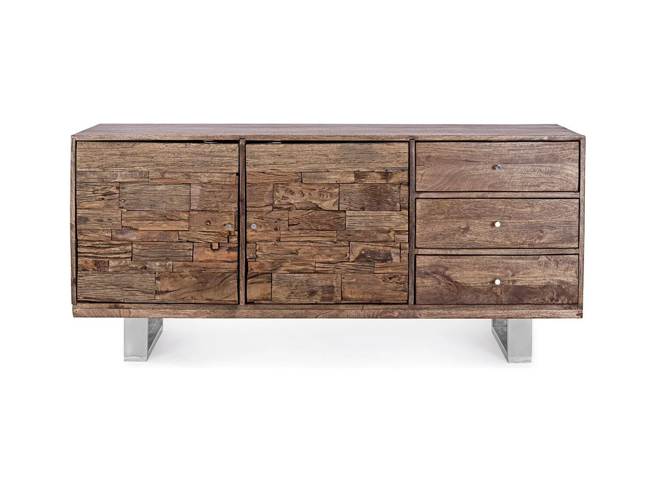 Buffet 2 portes 3 tiroirs en bois massif recyclé sur pieds acier chromé Stany 160cm