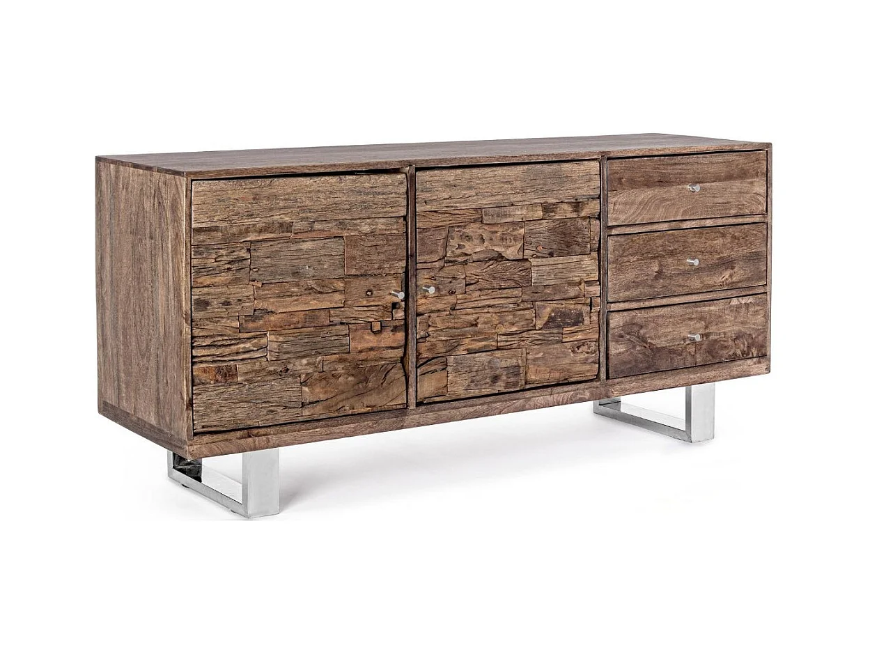 Buffet 2 portes 3 tiroirs en bois massif recyclé sur pieds acier chromé Stany 160cm