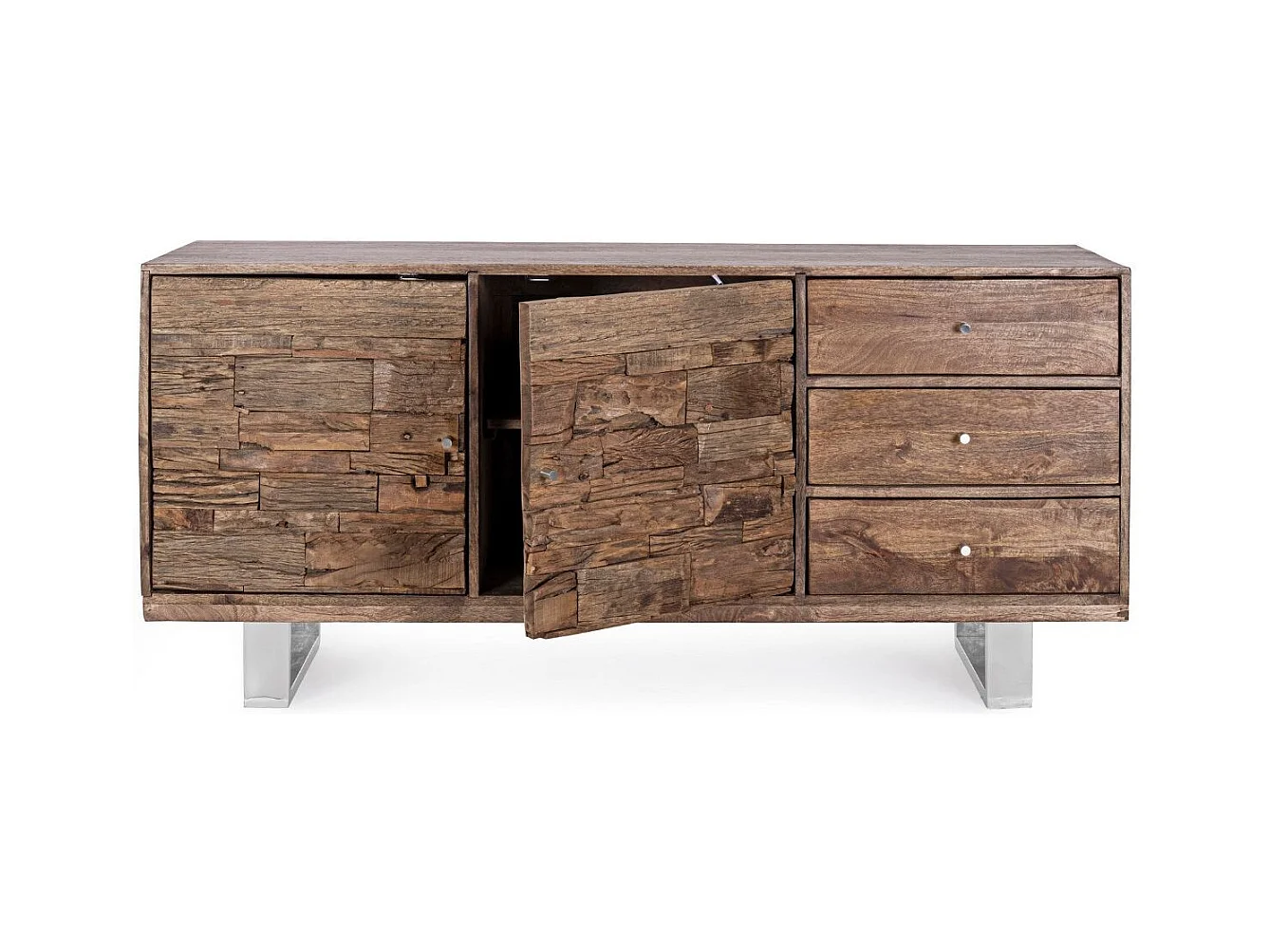 Buffet 2 portes 3 tiroirs en bois massif recyclé sur pieds acier chromé Stany 160cm