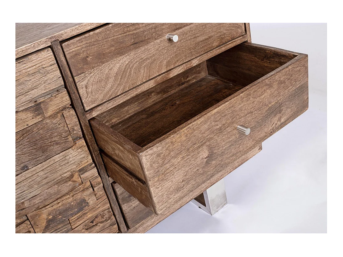 Buffet 2 portes 3 tiroirs en bois massif recyclé sur pieds acier chromé Stany 160cm