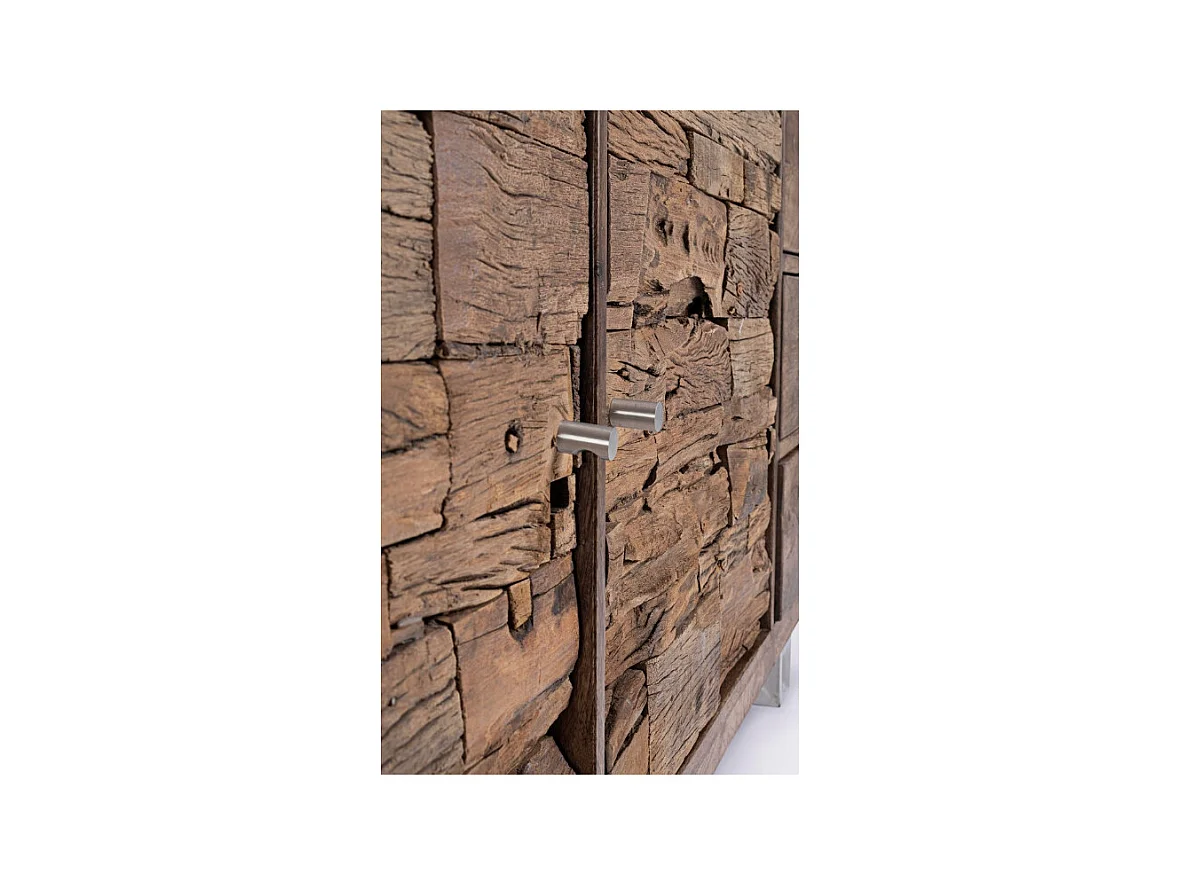 Buffet 2 portes 3 tiroirs en bois massif recyclé sur pieds acier chromé Stany 160cm