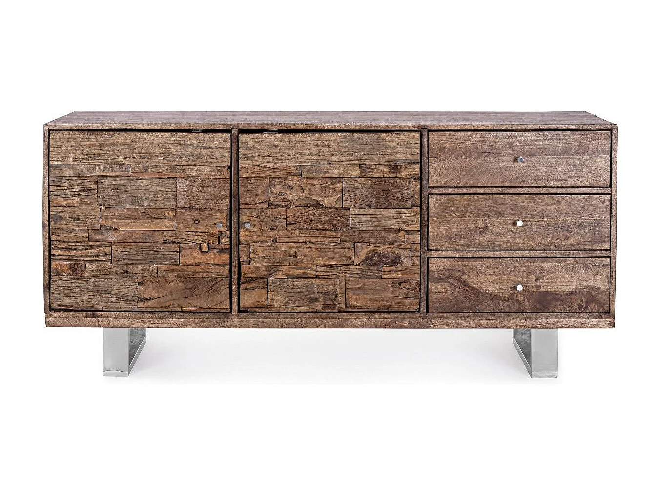 Buffet 2 portes 3 tiroirs en bois massif recyclé sur pieds acier chromé Stany 160cm