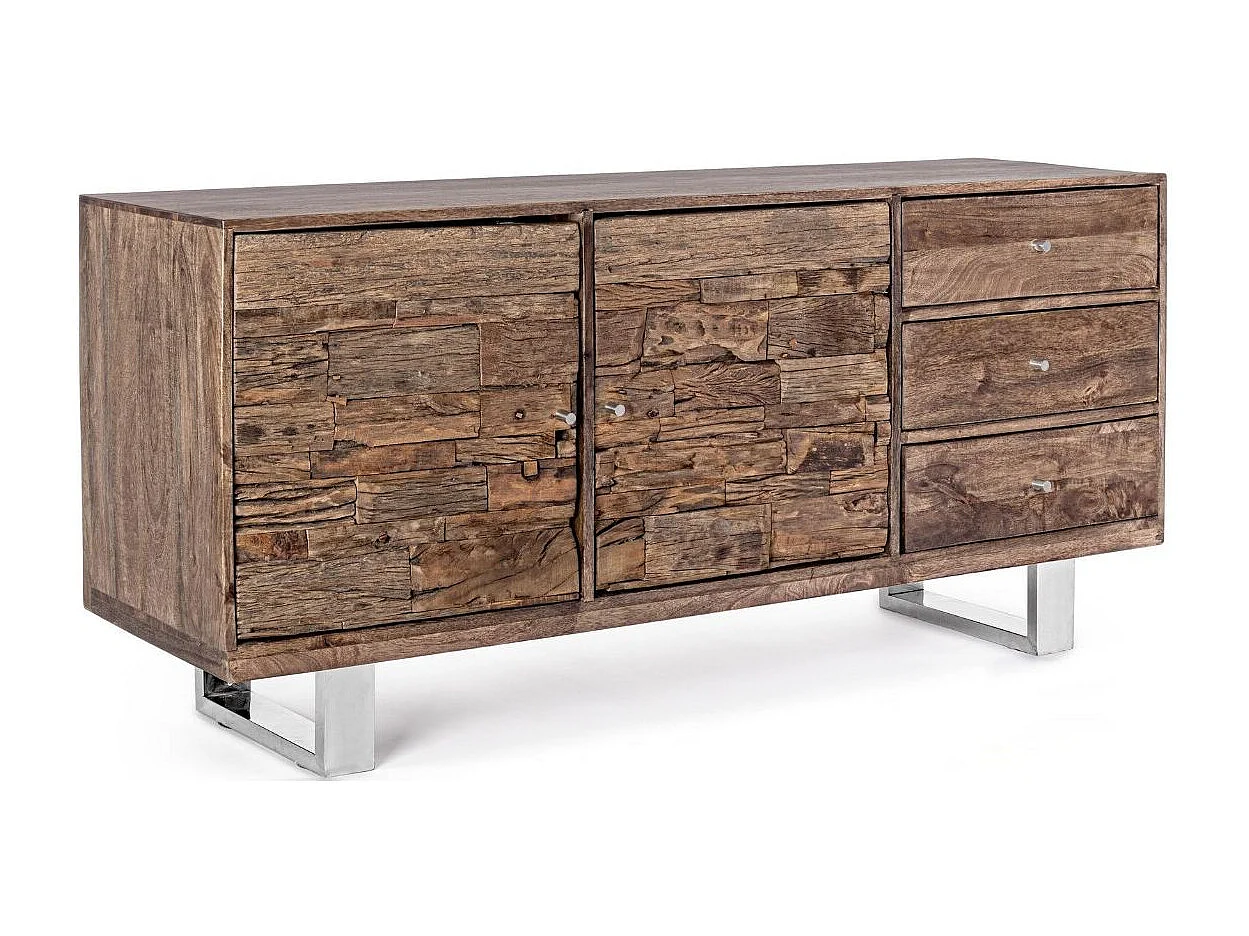 Buffet 2 portes 3 tiroirs en bois massif recyclé sur pieds acier chromé Stany 160cm