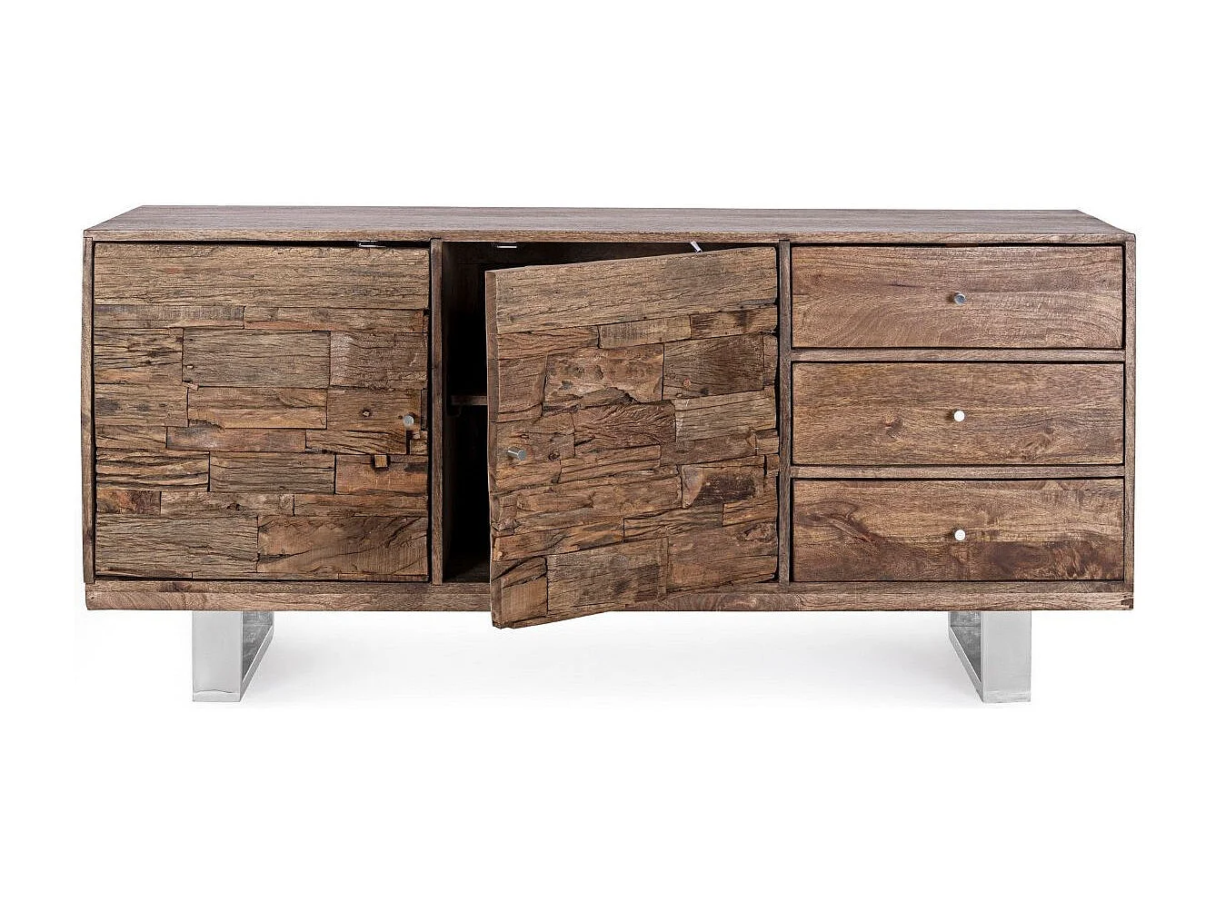 Buffet 2 portes 3 tiroirs en bois massif recyclé sur pieds acier chromé Stany 160cm