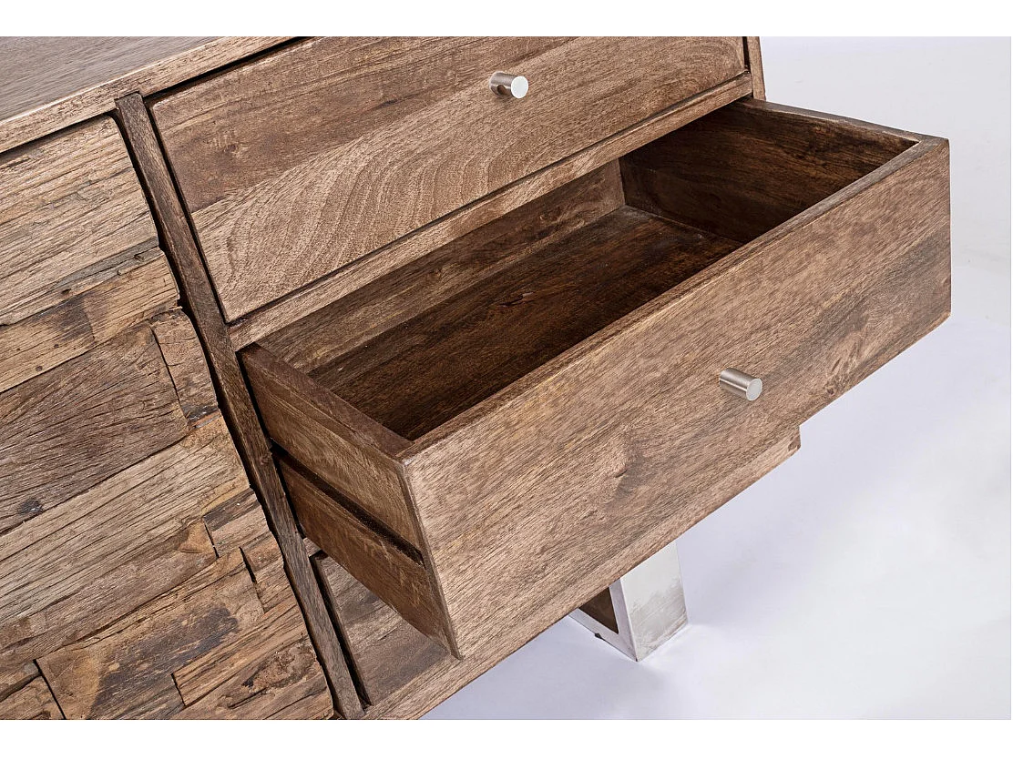 Buffet 2 portes 3 tiroirs en bois massif recyclé sur pieds acier chromé Stany 160cm