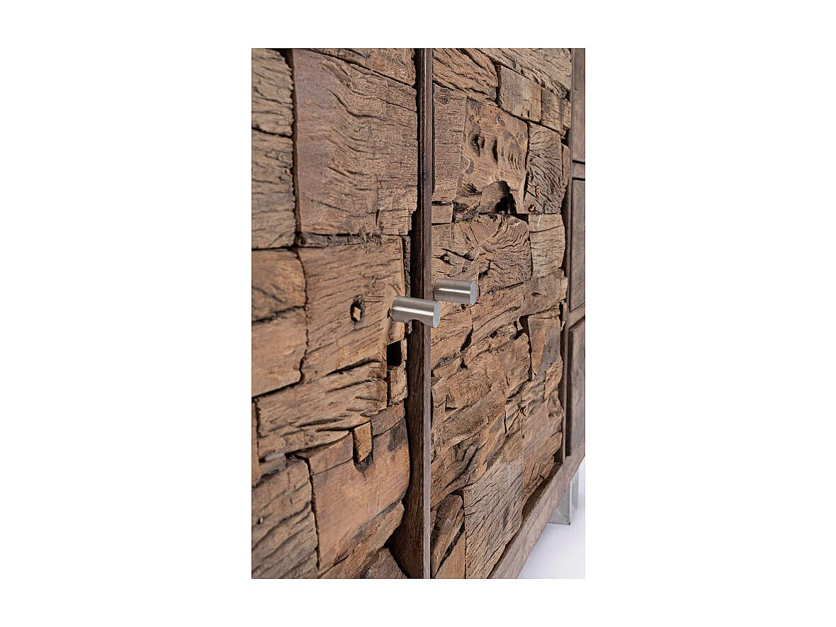 Buffet 2 portes 3 tiroirs en bois massif recyclé sur pieds acier chromé Stany 160cm