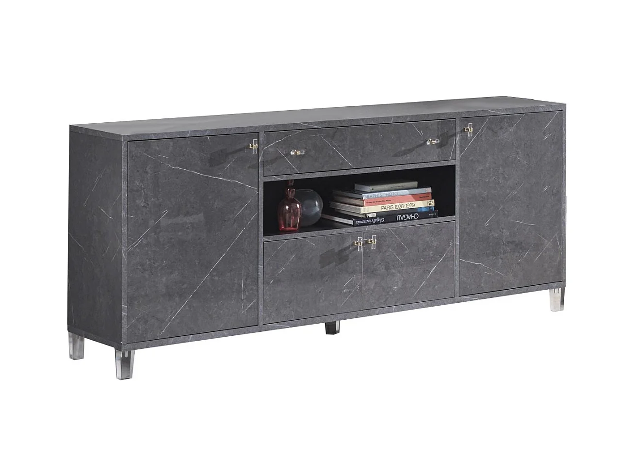 Buffet 4 portes 1 tiroir bois gris effet marbre vernis Botela 190cm