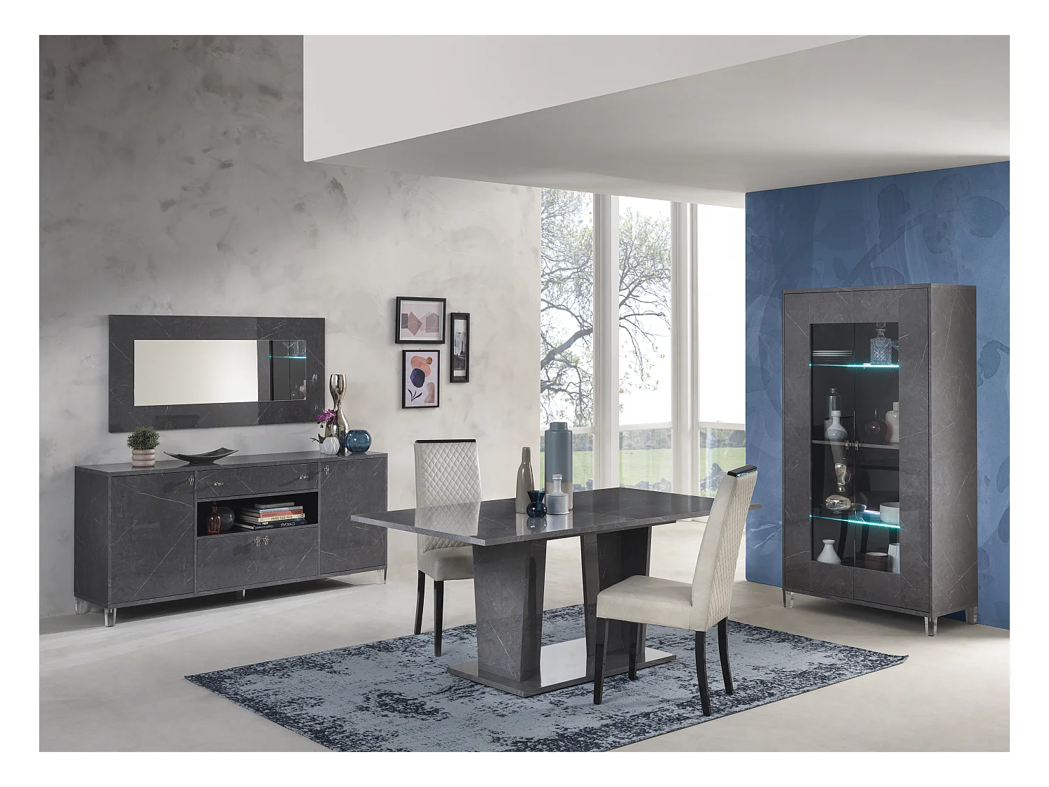 Buffet 4 portes 1 tiroir bois gris effet marbre vernis Botela 190cm