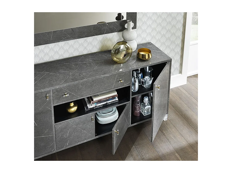 Buffet 4 portes 1 tiroir bois gris effet marbre vernis Botela 190cm