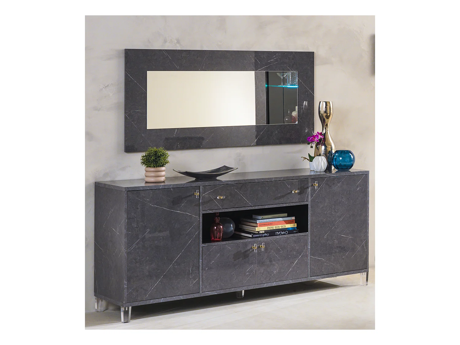 Buffet 4 portes 1 tiroir bois gris effet marbre vernis Botela 190cm