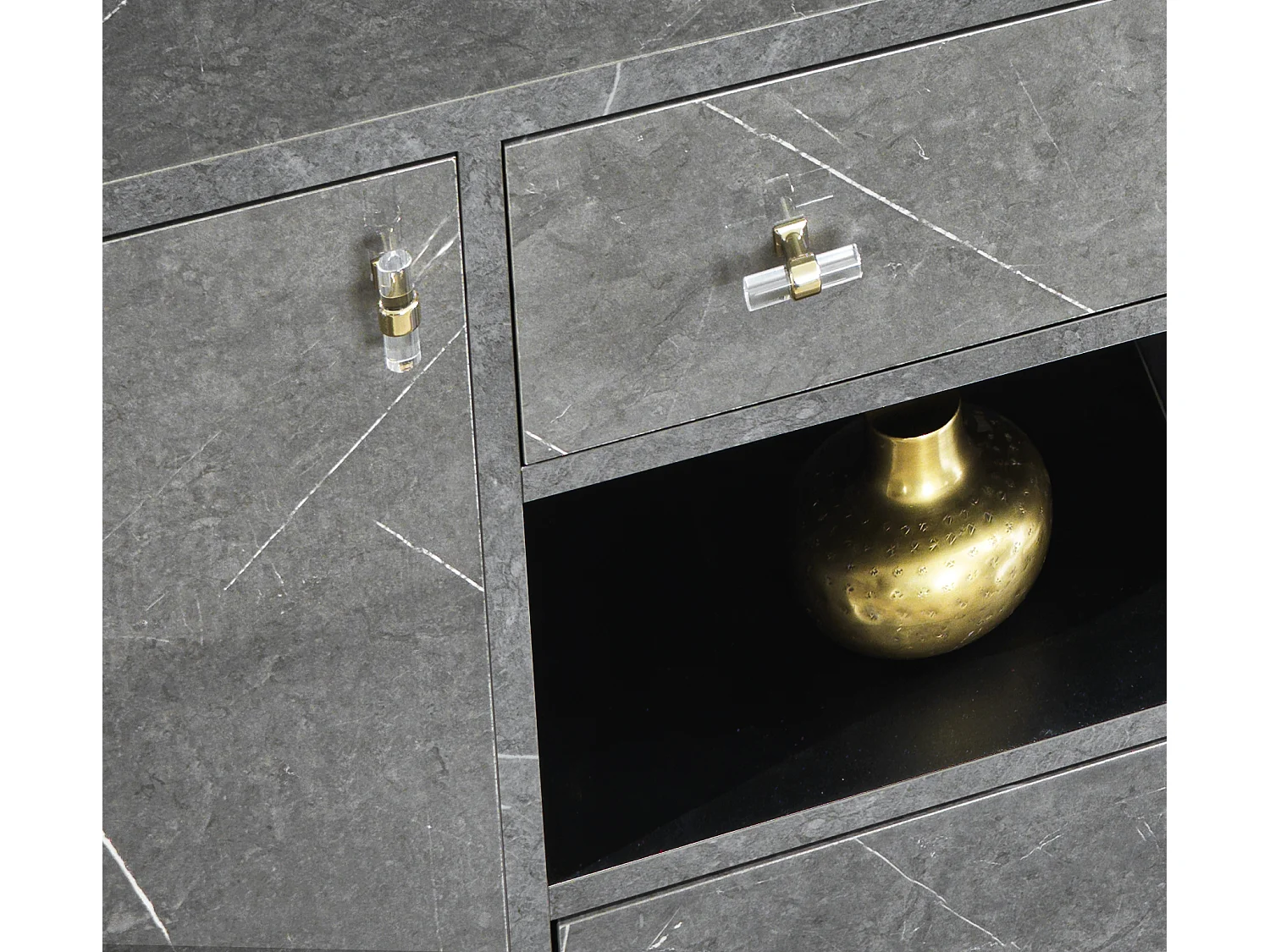 Buffet 4 portes 1 tiroir bois gris effet marbre vernis Botela 190cm