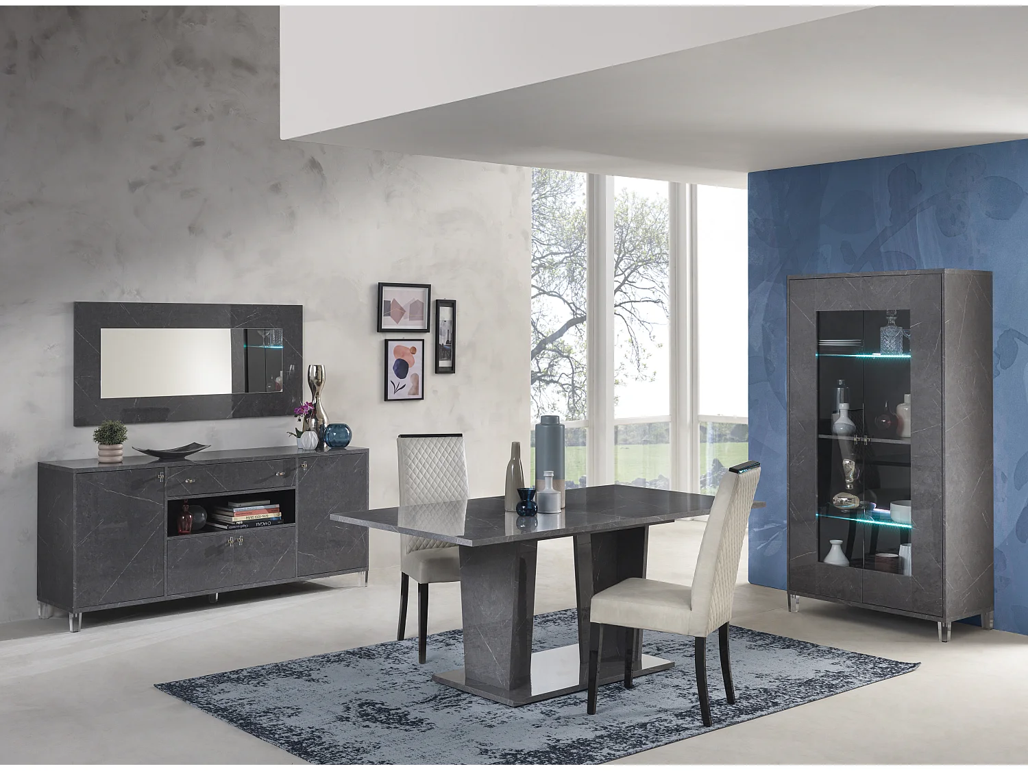 Buffet 4 portes 1 tiroir bois gris effet marbre vernis Botela 190cm