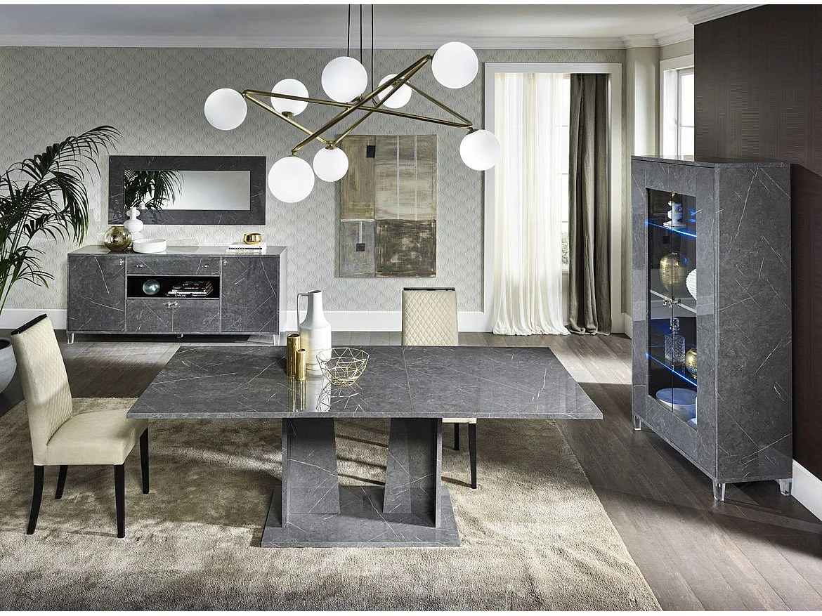 Buffet 4 portes 1 tiroir bois gris effet marbre vernis Botela 190cm