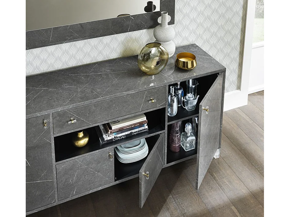 Buffet 4 portes 1 tiroir bois gris effet marbre vernis Botela 190cm