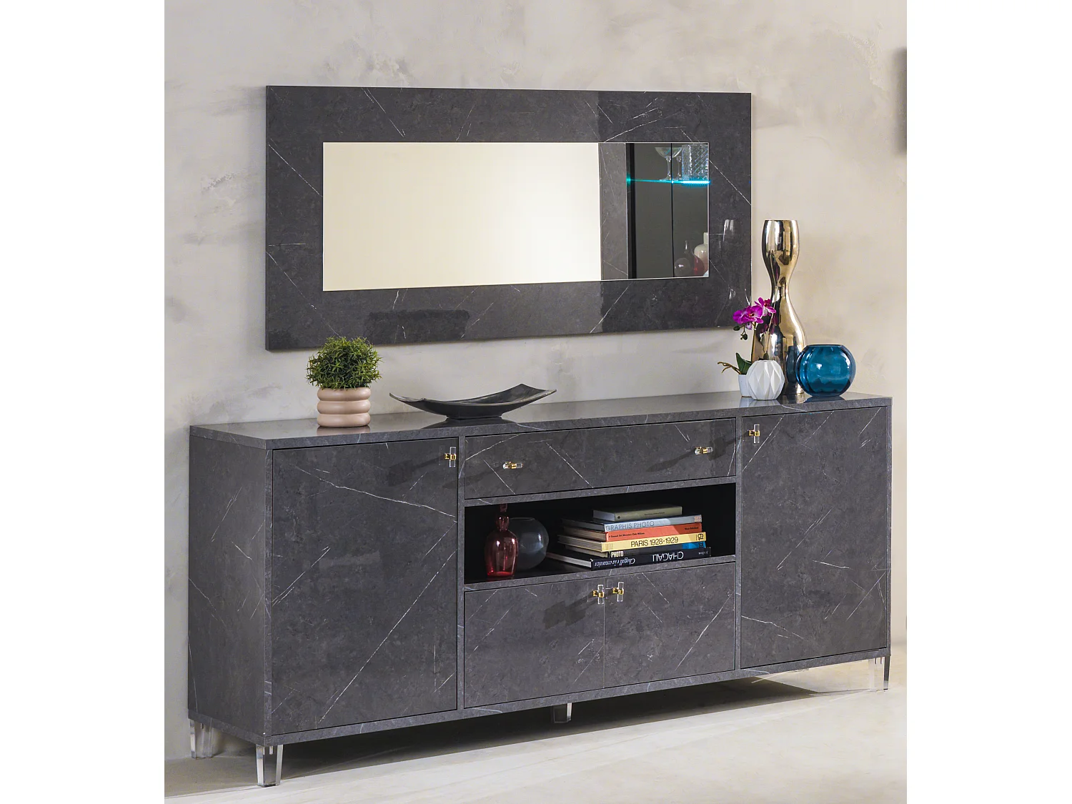 Buffet 4 portes 1 tiroir bois gris effet marbre vernis Botela 190cm
