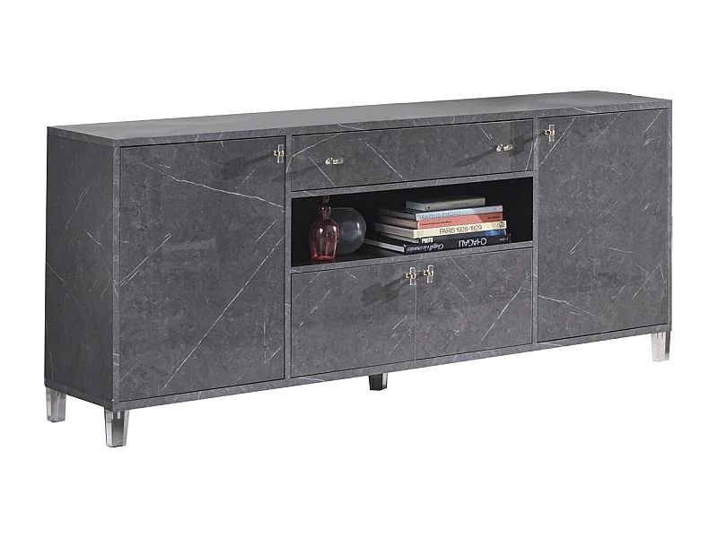 Buffet 4 portes 1 tiroir bois gris effet marbre vernis Botela 190cm