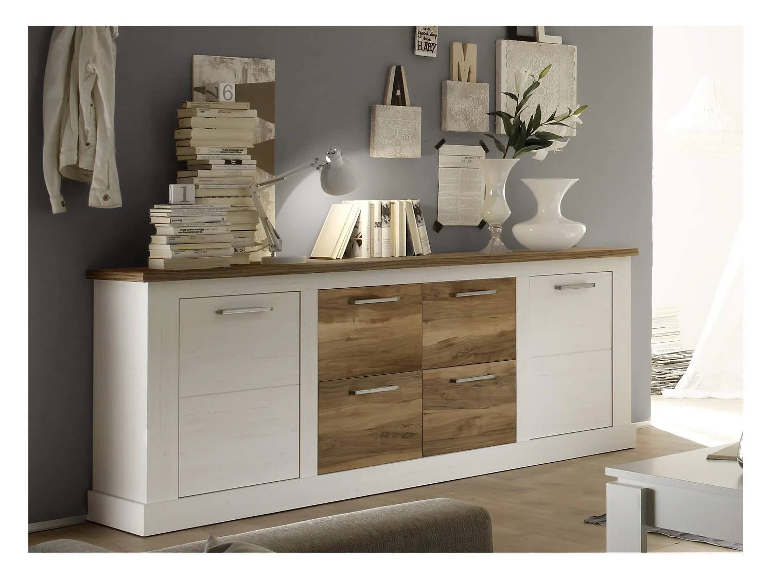 Buffet style maison de campagne pin blanc et noyer satiné Kampa 207cm