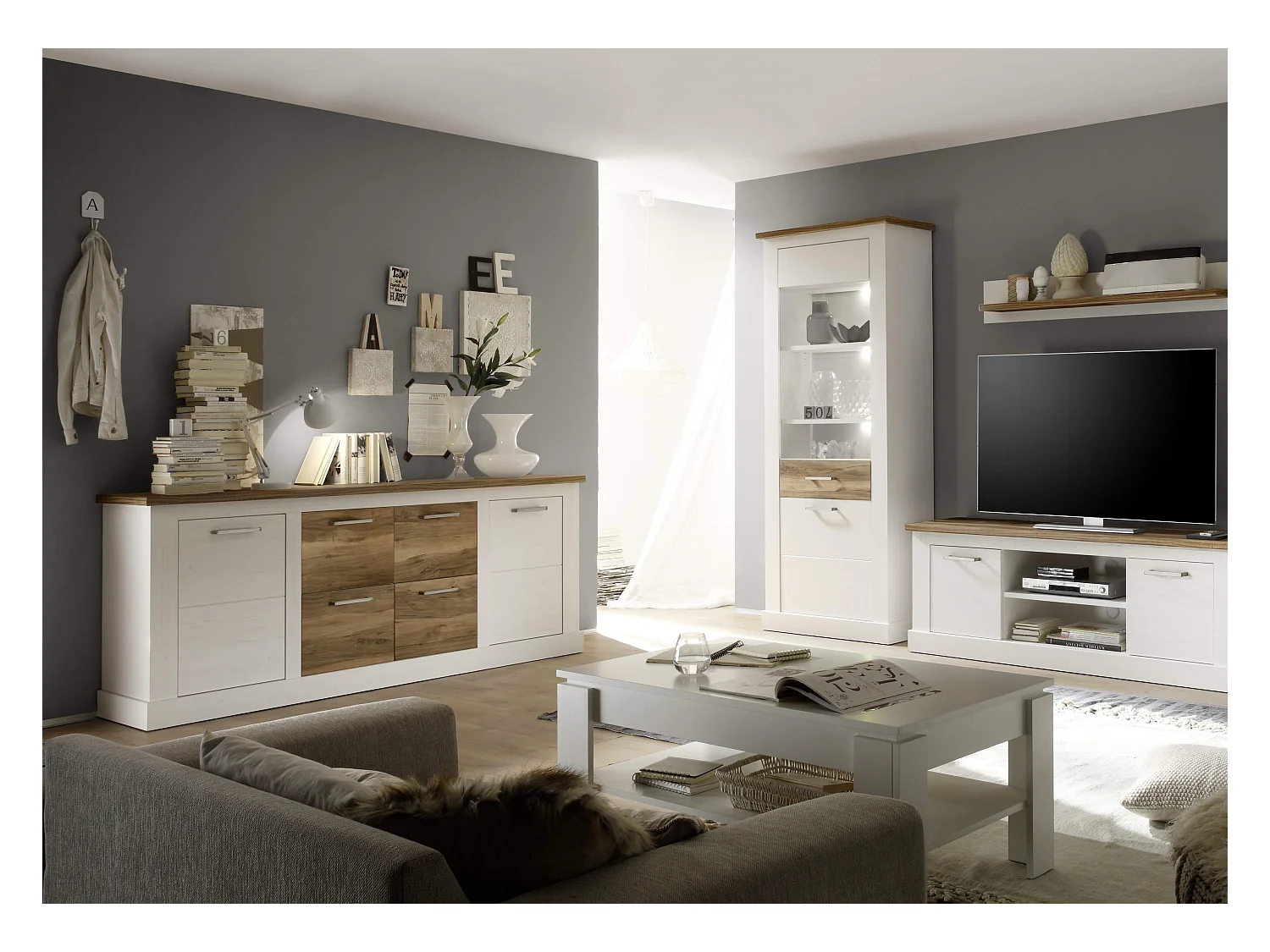 Buffet style maison de campagne pin blanc et noyer satiné Kampa 207cm