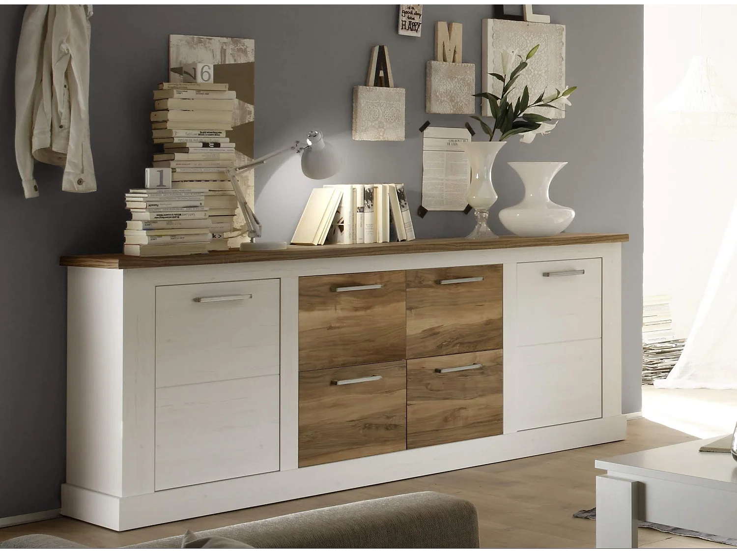 Buffet style maison de campagne pin blanc et noyer satiné Kampa 207cm