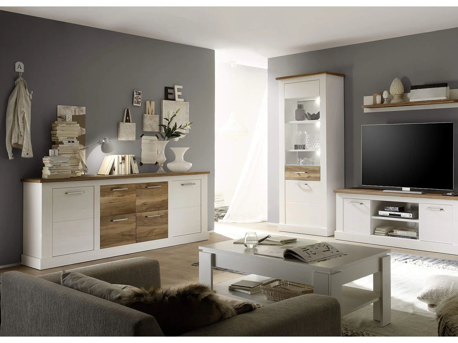 Buffet style maison de campagne pin blanc et noyer satiné Kampa 207cm