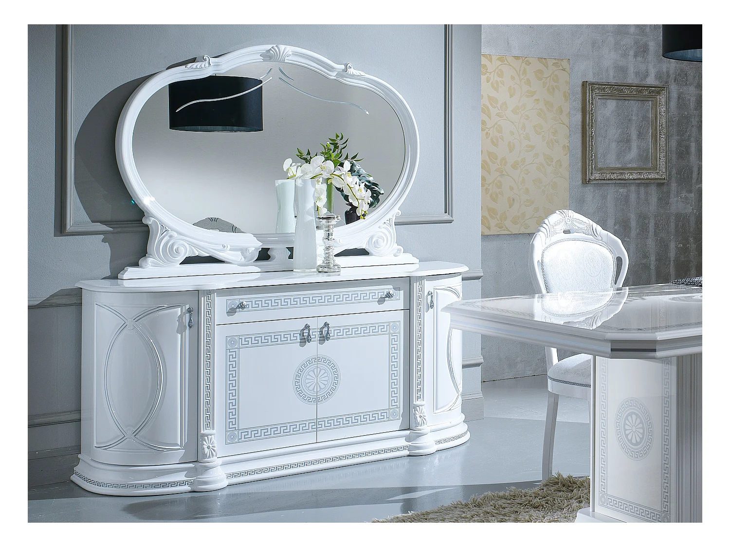 Buffet 4 portes 1 tiroir bois vernis laqué brillant blanc et gris Venus 163cm