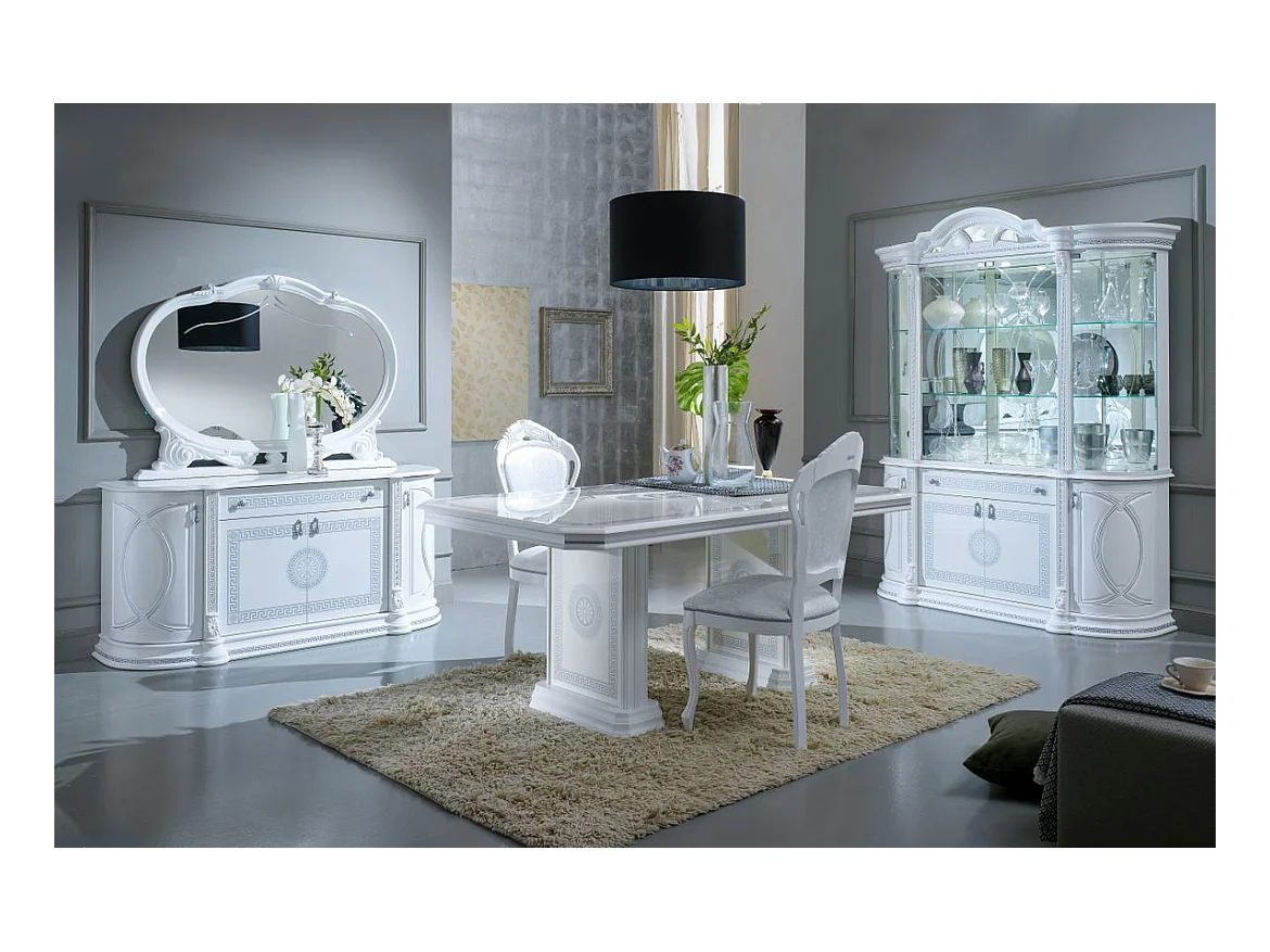 Buffet 4 portes 1 tiroir bois vernis laqué brillant blanc et gris Venus 163cm
