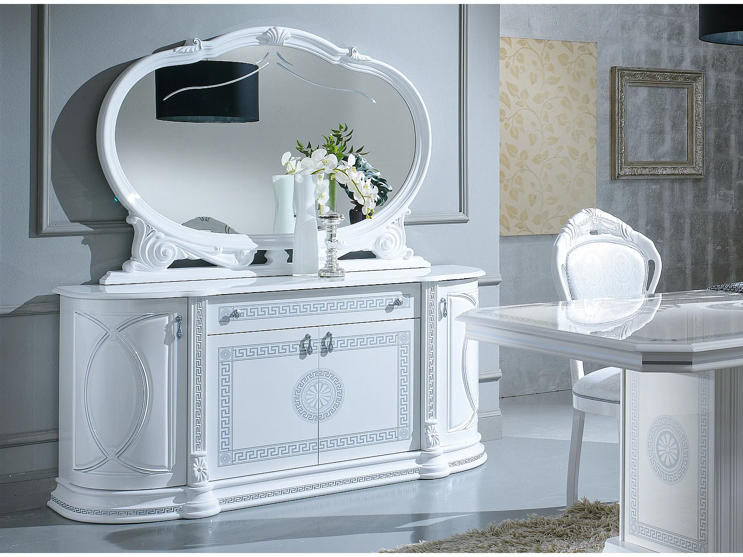 Buffet 4 portes 1 tiroir bois vernis laqué brillant blanc et gris Venus 163cm