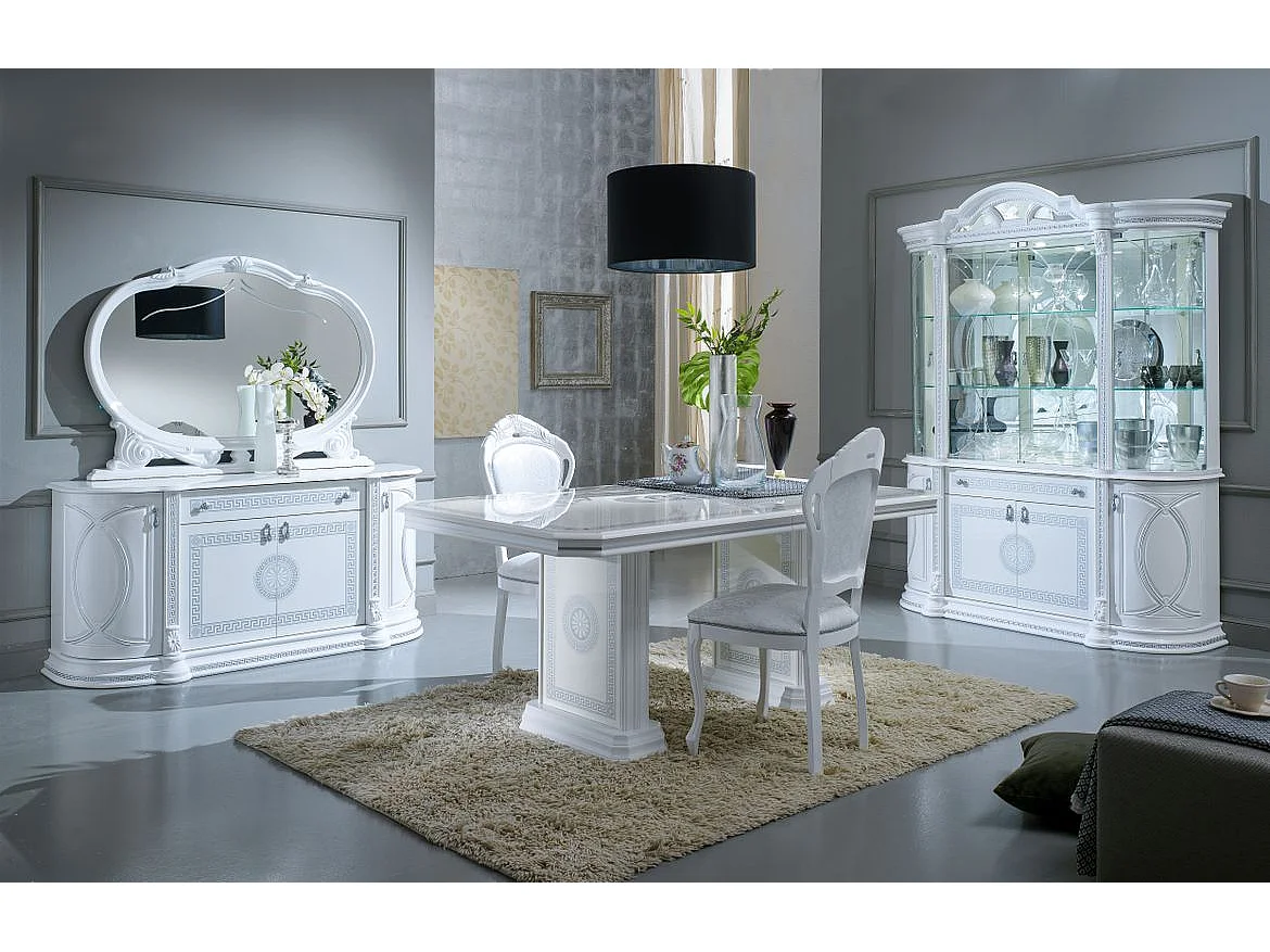 Buffet 4 portes 1 tiroir bois vernis laqué brillant blanc et gris Venus 163cm