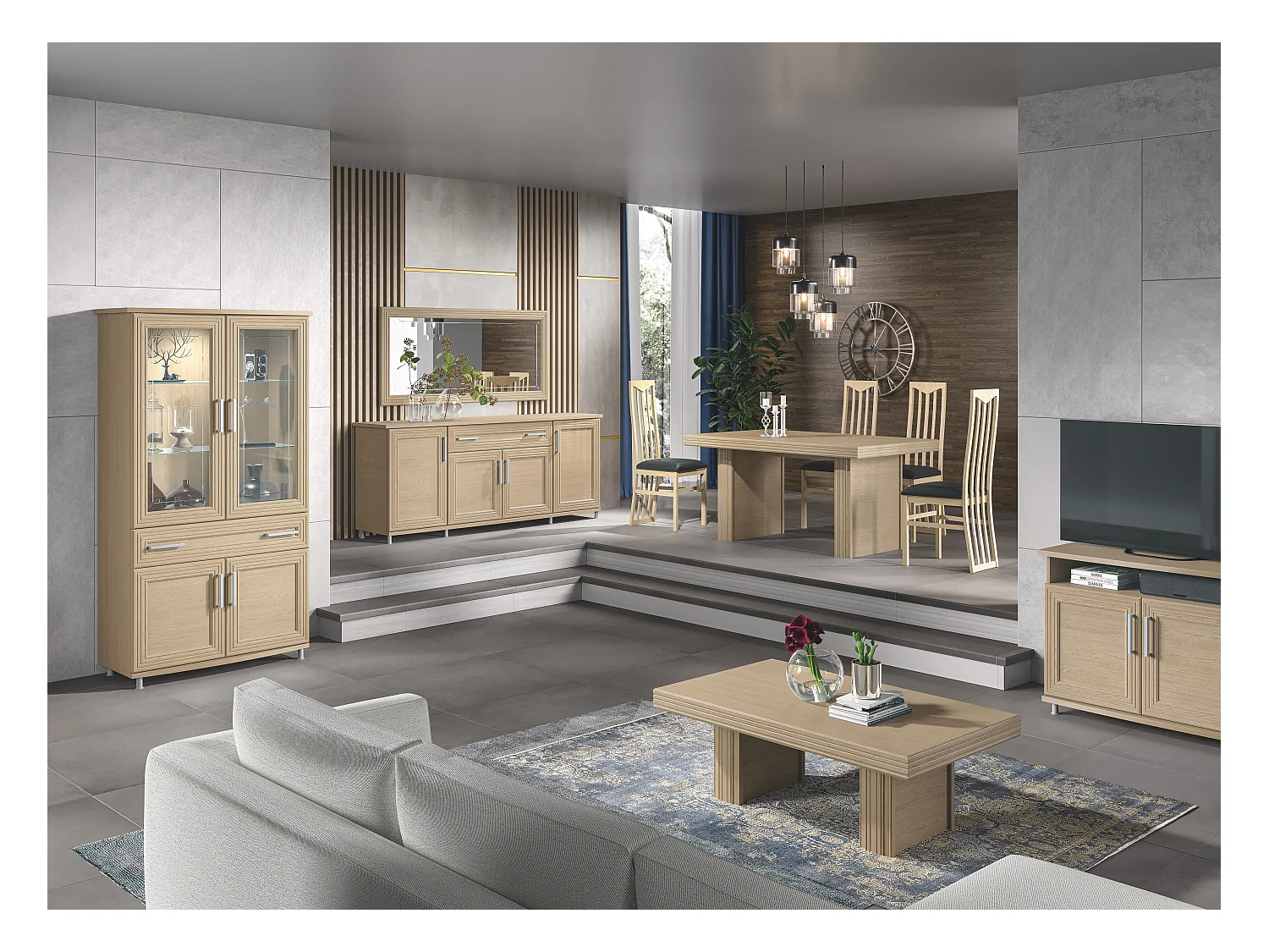 Buffet moderne 4 portes 1 tiroir chêne clair Italino 206cm